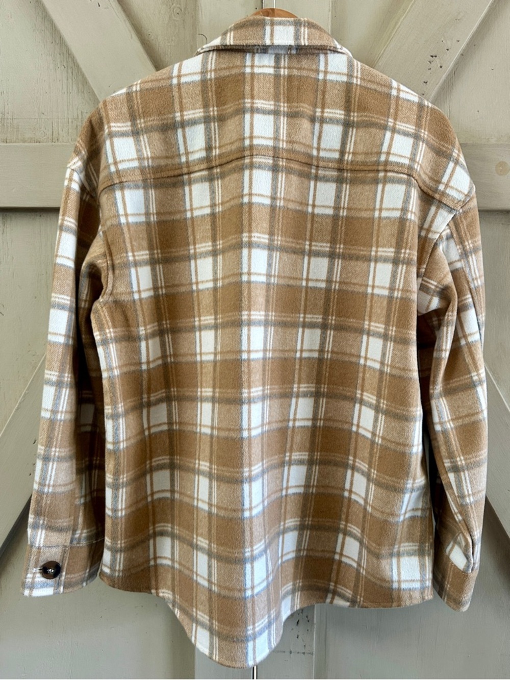 Avec Les Filles Plaid Shacket Jacket Wool Blend Button Front Tan Size Small - Picture 5 of 7
